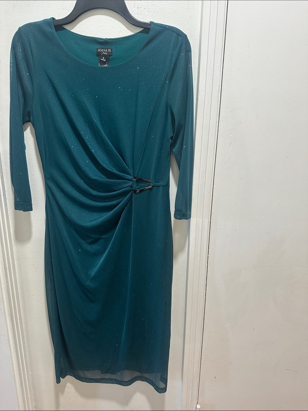 Alexa B Teal Ruched Midi Dress with Decorative Buckle